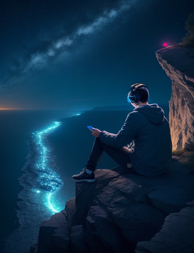 DreamShaper_v6_promptman_sitting_on_a_cliff_at_night_listening_1.jpg