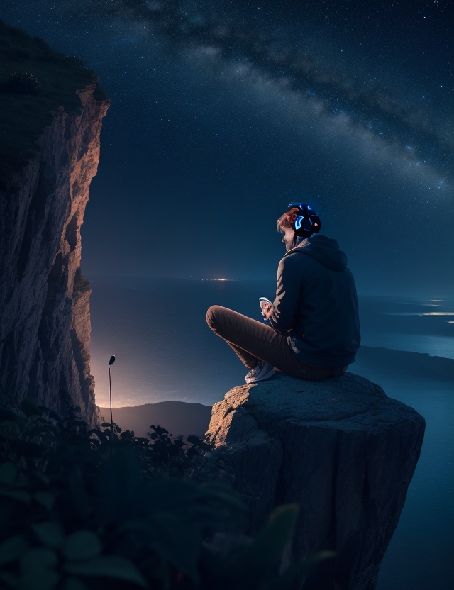 DreamShaper_v6_promptman_sitting_on_a_cliff_at_night_listening_0.jpg